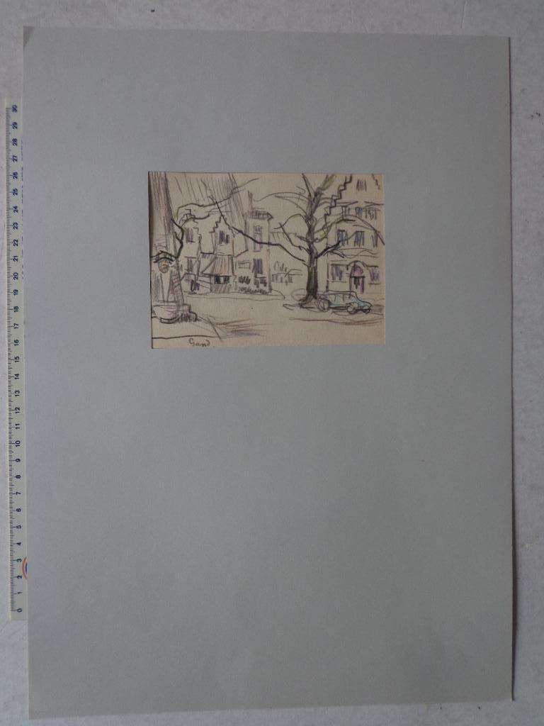 Tekening in kleurpotlood van Nestor Cambier "Gent", Antiek en Kunst, Ophalen of Verzenden