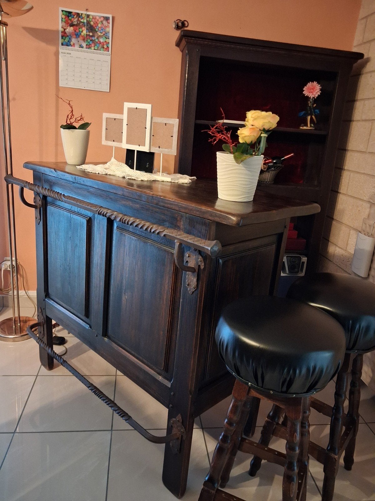 meuble Bar en chêne noir massif H180 l 105 P 30 plus comptoi, Antiek en Kunst, Ophalen