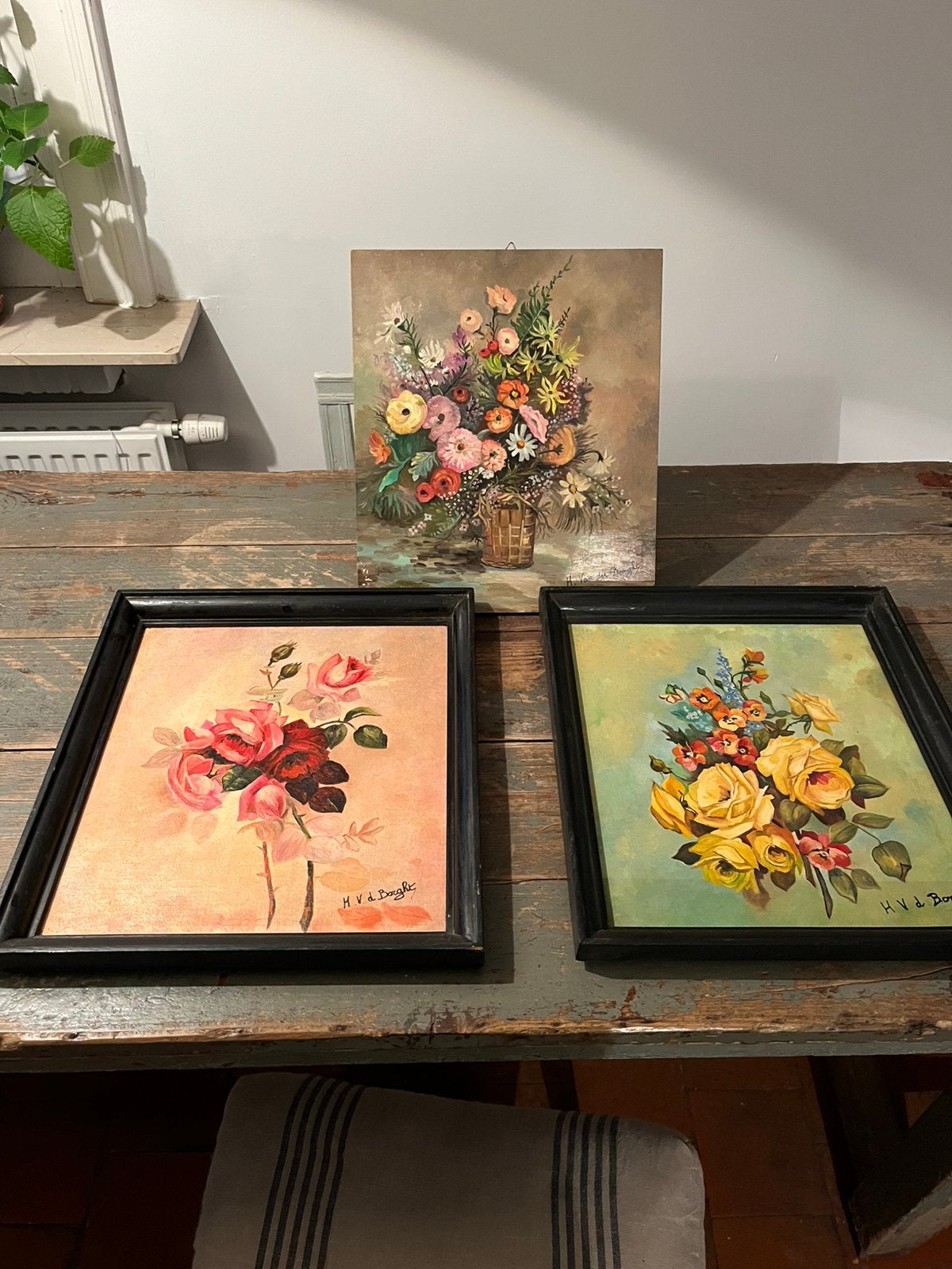 VINTAGE RETRO SCHILDERIJ BLOEMEN 3 STUKS KADER LIJST, Enlèvement ou Envoi, Peinture à l'huile, Panneau, Signé