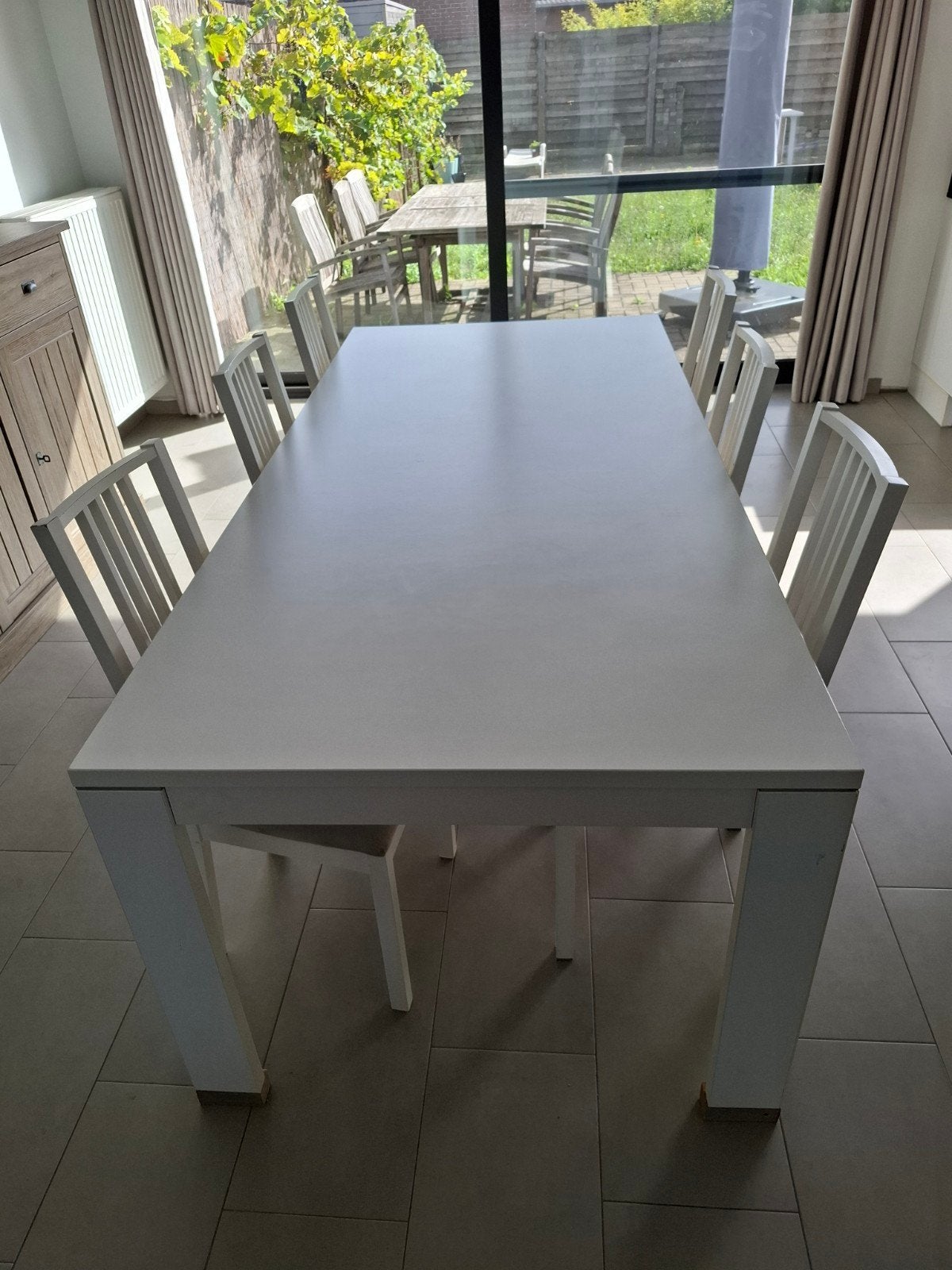 witte eettafel (2m20 op 1m)  + 6 stoelen, Huis en Inrichting, Ophalen, Gebruikt, 200 cm of meer, 50 tot 100 cm