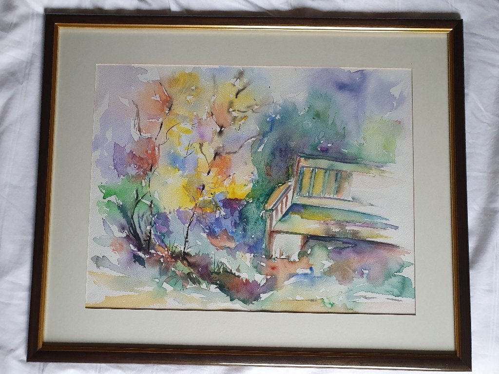 Aquarel "Tuinbank in bloementuin" - professioneel ingelijst, Antiek en Kunst, Kunst | Schilderijen | Modern, Aquarel, Papier/karton