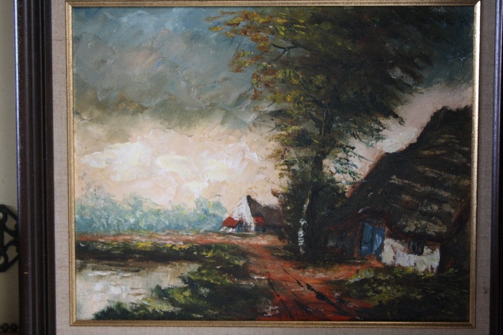 ingekaderd schilderij op doek, Paysage, Enlèvement, Signé, Toile