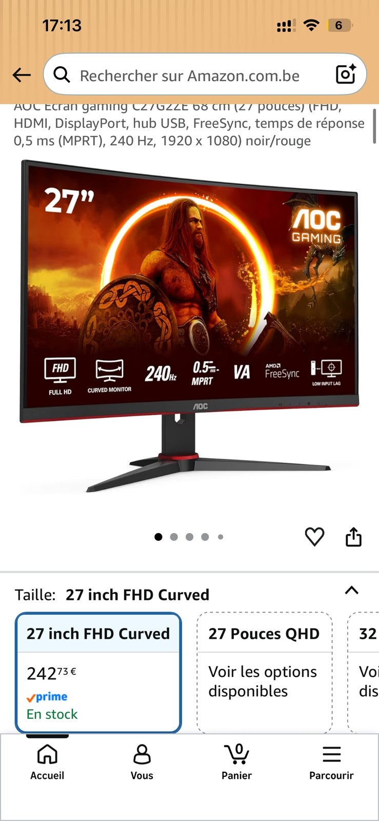 Écran gaming AOC C27G2ZE 27 pouces  240 Hz, Informatique & Logiciels, Gaming, VA, Comme neuf, Enlèvement