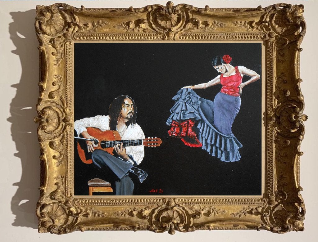 Flamenco op het podium"  Schilderij, Antiek en Kunst, Gesigneerd, Figuren, Verzenden, Olieverf