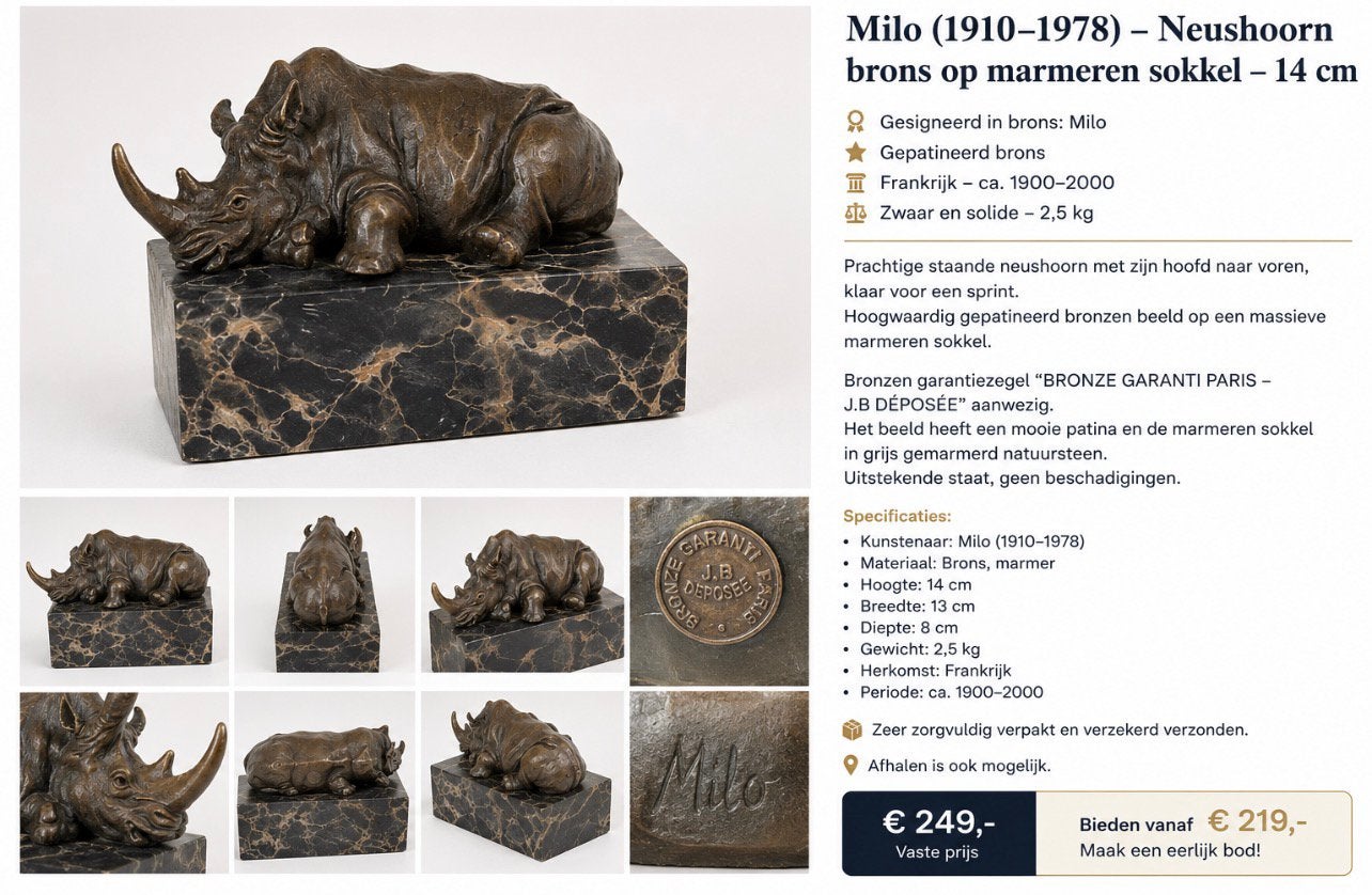 Bronzen Neushoorn Milo op Marmeren Sokkel – 14 cm, Ophalen, Zo goed als nieuw