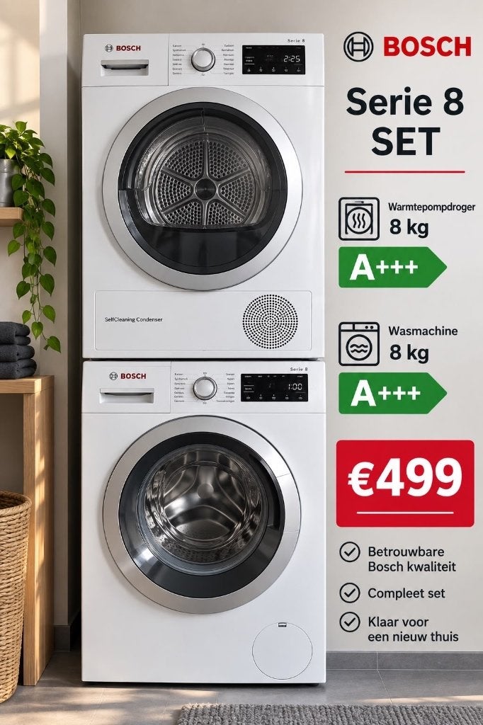 Set Bosch Série 8- 8 kg- A+++, 1200 à 1600 tours, Chargeur frontal, Enlèvement, Utilisé