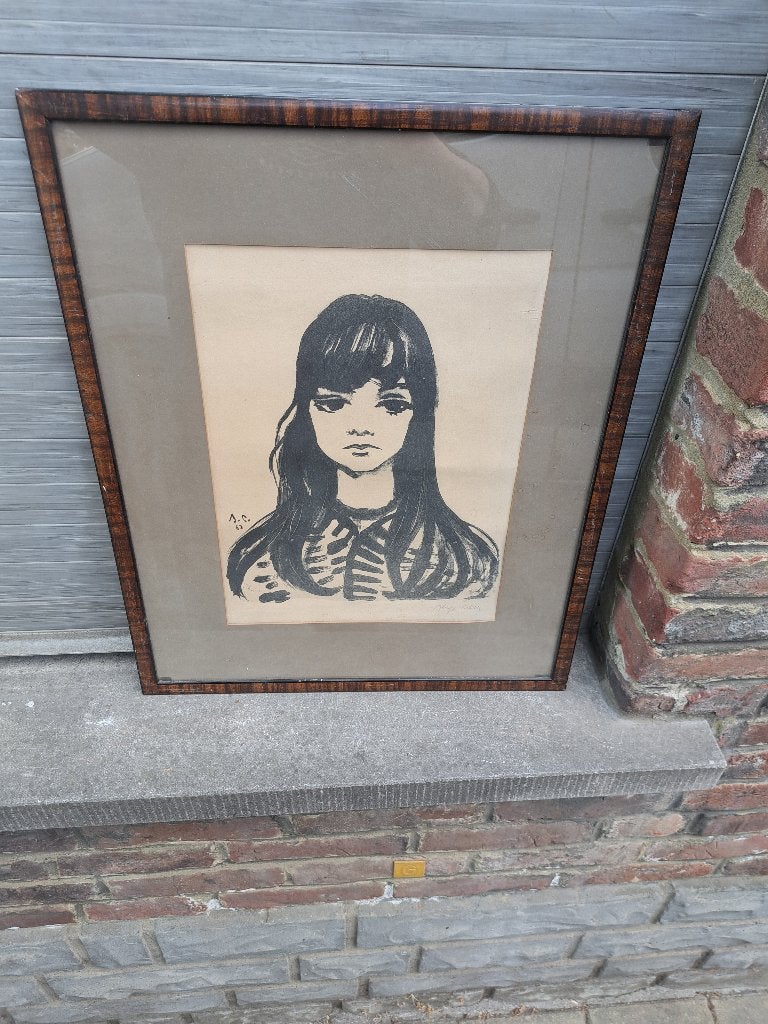lithographie jeune fille signe serge creuz, Antiek en Kunst, Ophalen of Verzenden, Lithografie