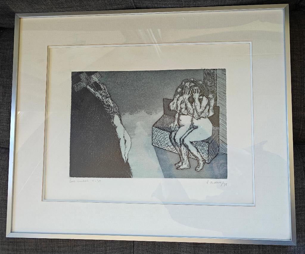 De Weduwen, Ets door Victor Ramos, 1972, Ophalen, Religie, 45 cm, Met tekst