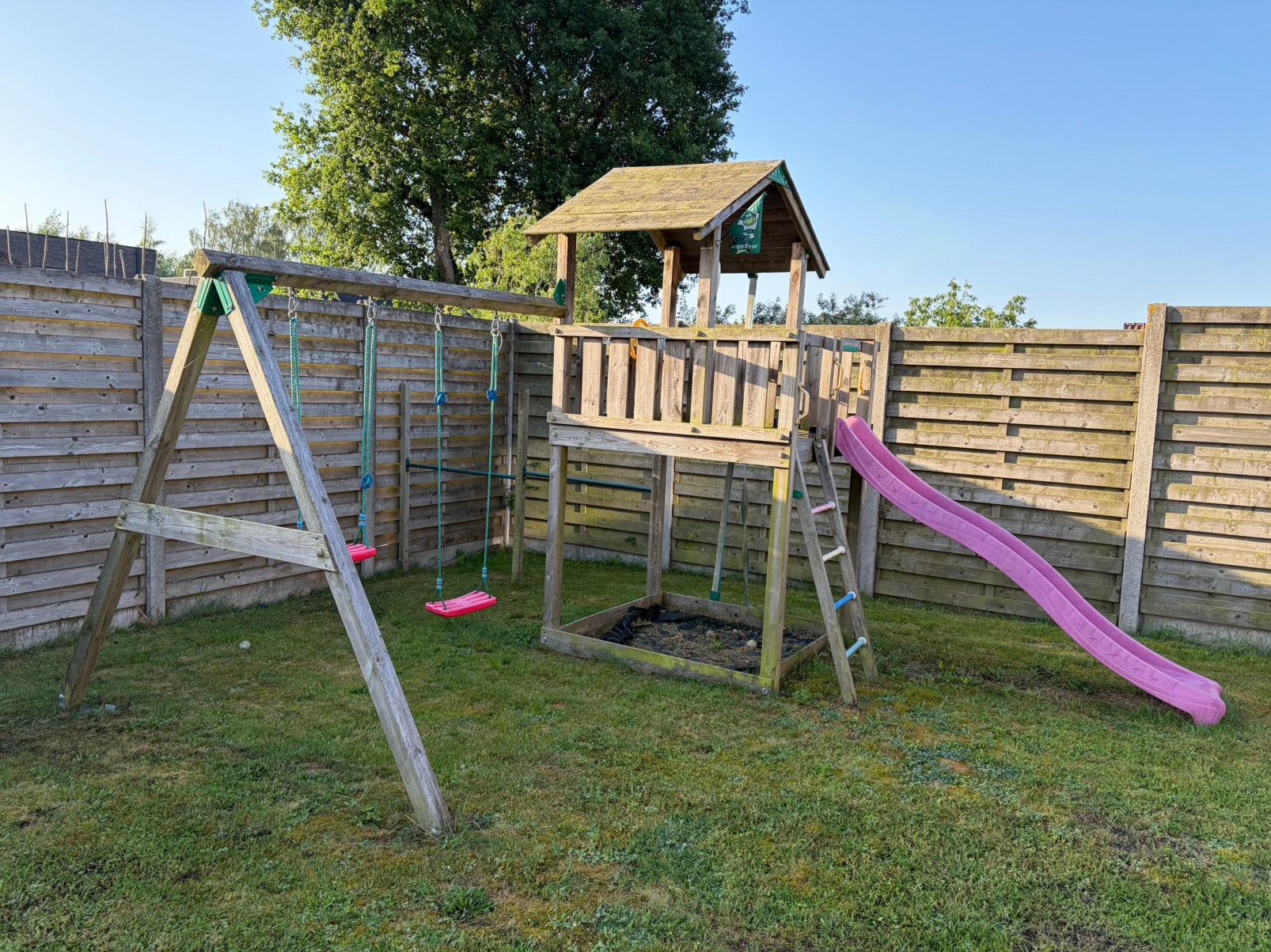 Speeltoestel jungle gym chalet 2 swing, Ophalen, Zo goed als nieuw, Schommel, Aanbouwonderdeel