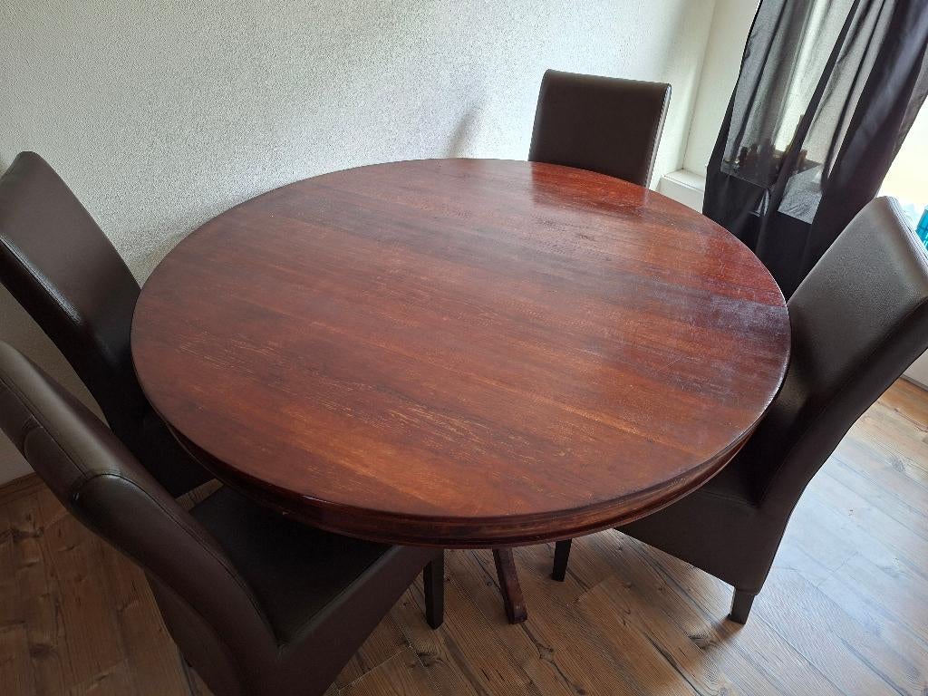 Ronde massieve tafel met 4 stoelen, Ophalen, Gebruikt, 100 tot 150 cm, Vijf personen of meer