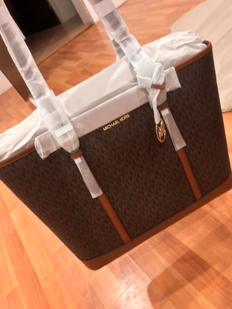 Michael Kors Jet Set Travel Large Logo Tote Bag in brown,, Ophalen, Nieuw, Bruin, Leer
