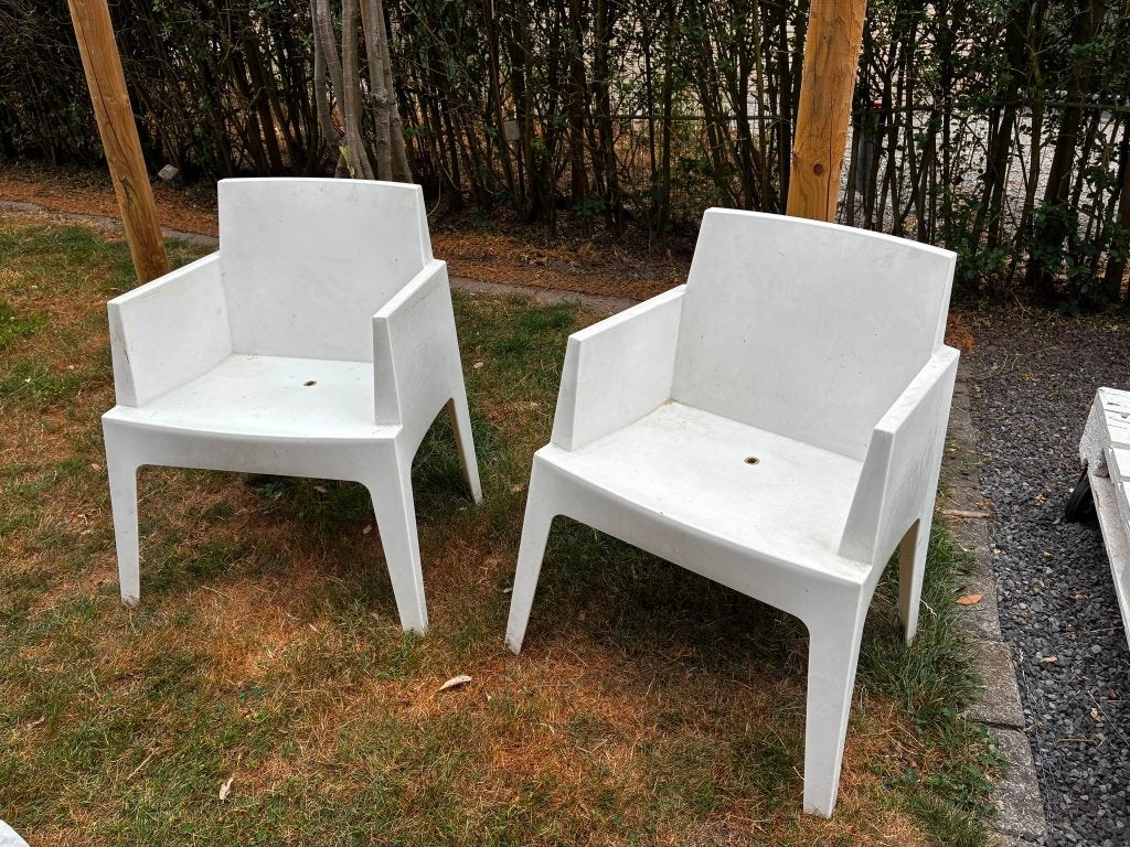2 tuinstoelen en bank, Ophalen, Gebruikt, Kunststof, Stapelbaar