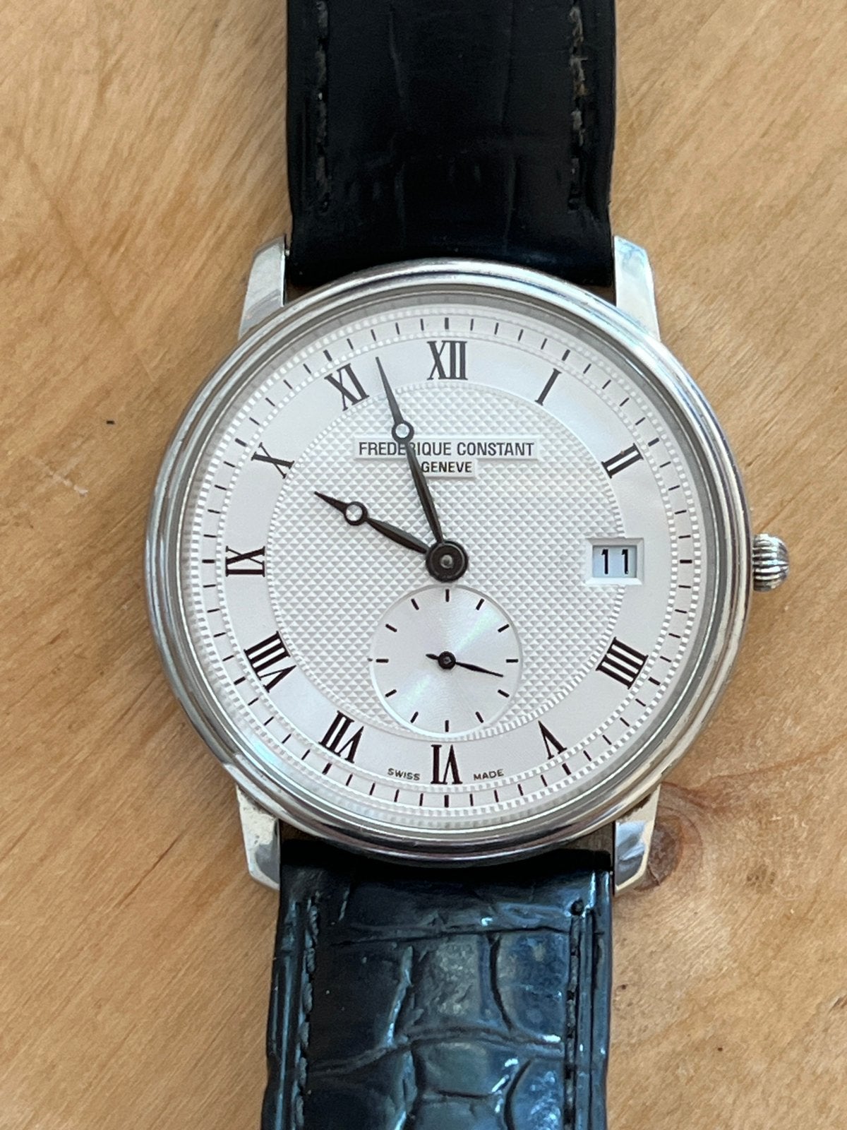 Montre Frédérique Constant Genève Slimline quartz cuir noir, Enlèvement, Comme neuf, Acier, Cuir