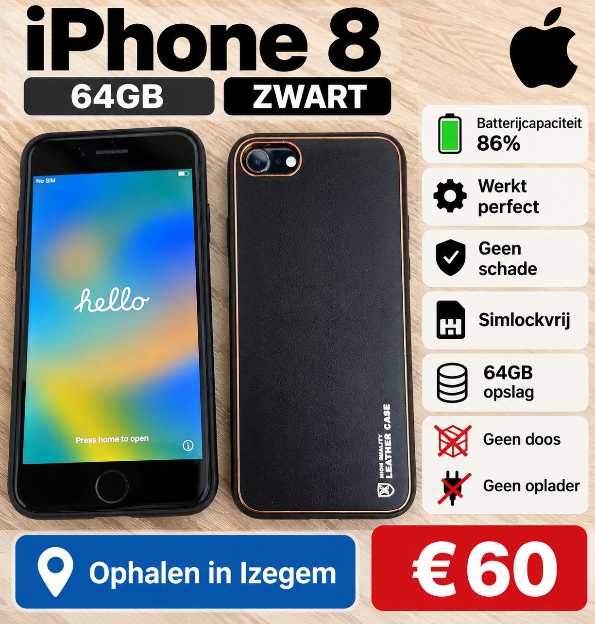 IPHONE 8/64GB Zwart in giede staat., Télécoms, Enlèvement, Utilisé, 64 GB, Noir