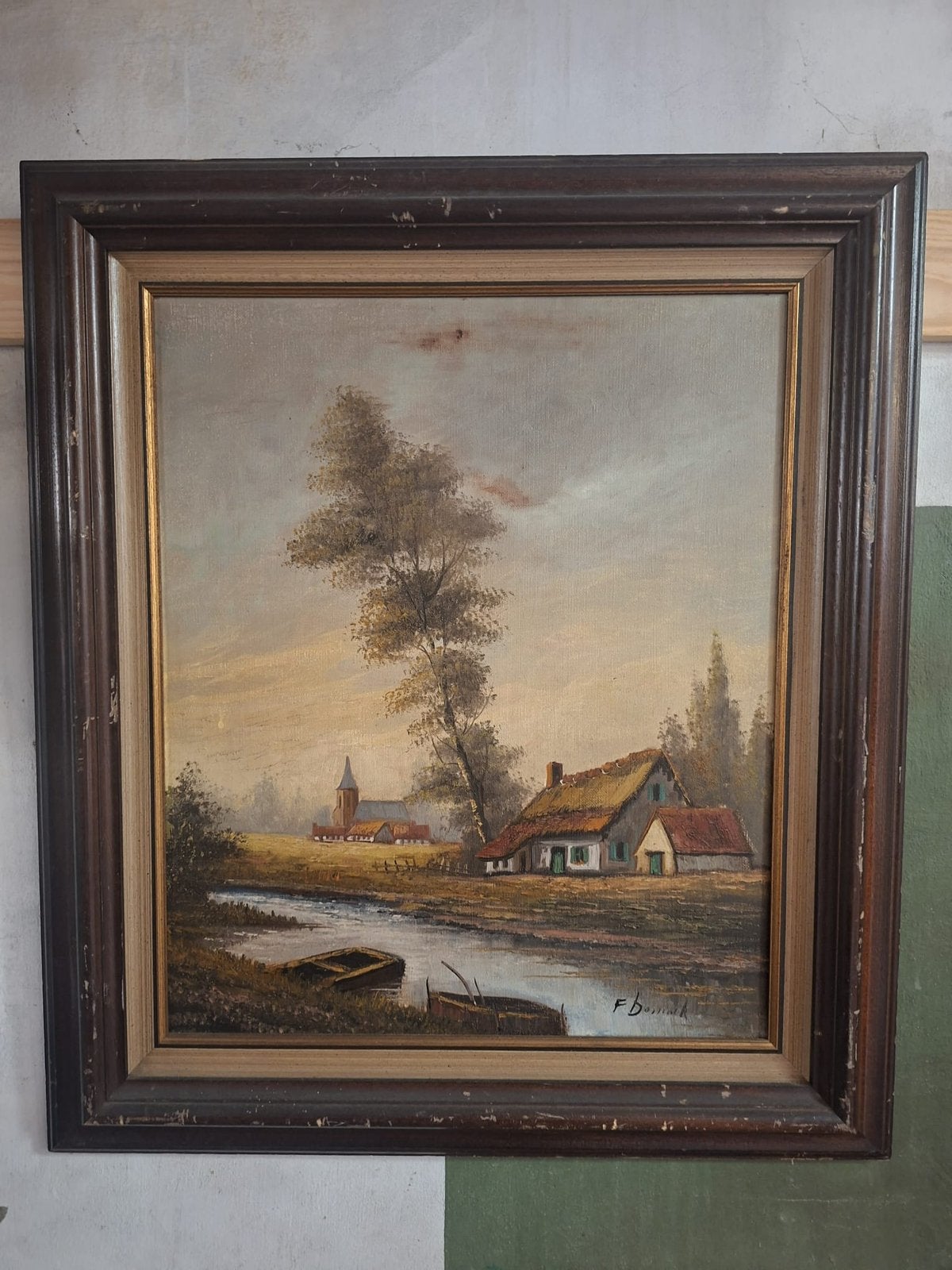 Schilderij dorpszicht aan het water, Ophalen, Klassiek, Gesigneerd, Stads- / dorpsgezicht