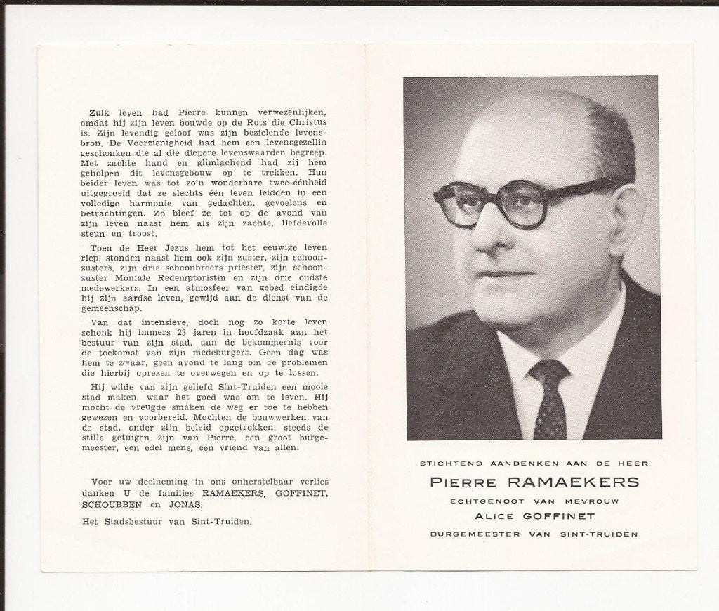 Pierre Ramaekers : Ans  burgemeester St Truiden 1969 ACV, Verzenden, Bidprentje