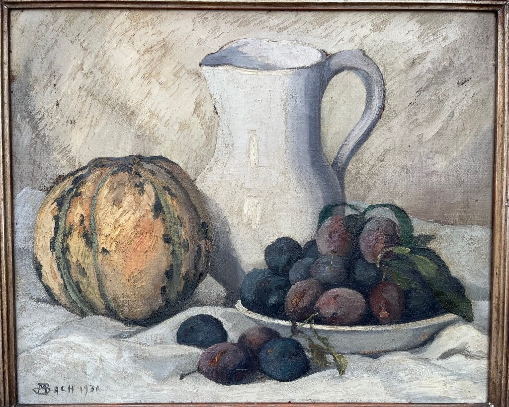 Tableau ancien nature morte Marcel BACH 1930, Enlèvement, Nature morte, Toile