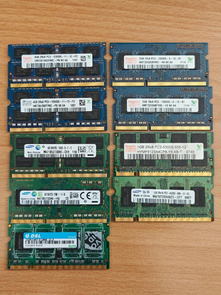 setje laptop geheugen 4x4GB, 2X2GB, 2x1GB, 1x512MB, DDR3, Utilisé, Laptop, 4 GB