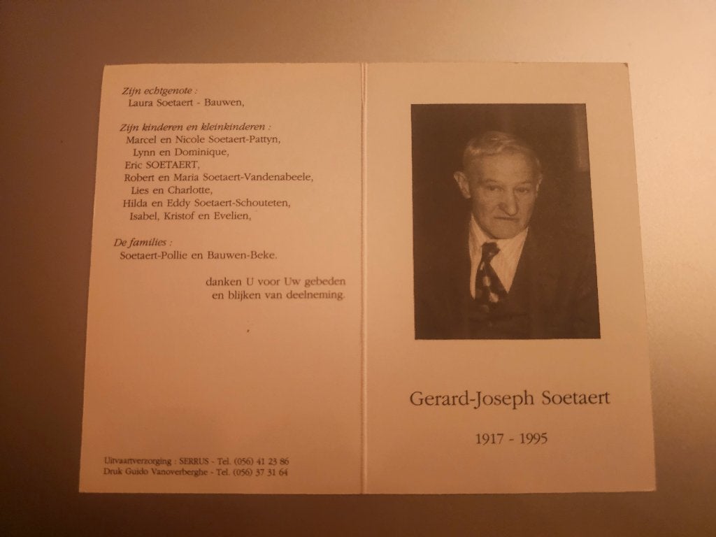 Brigade Piron Soetaert Gerard Joseph, Ophalen of Verzenden, Bidprentje