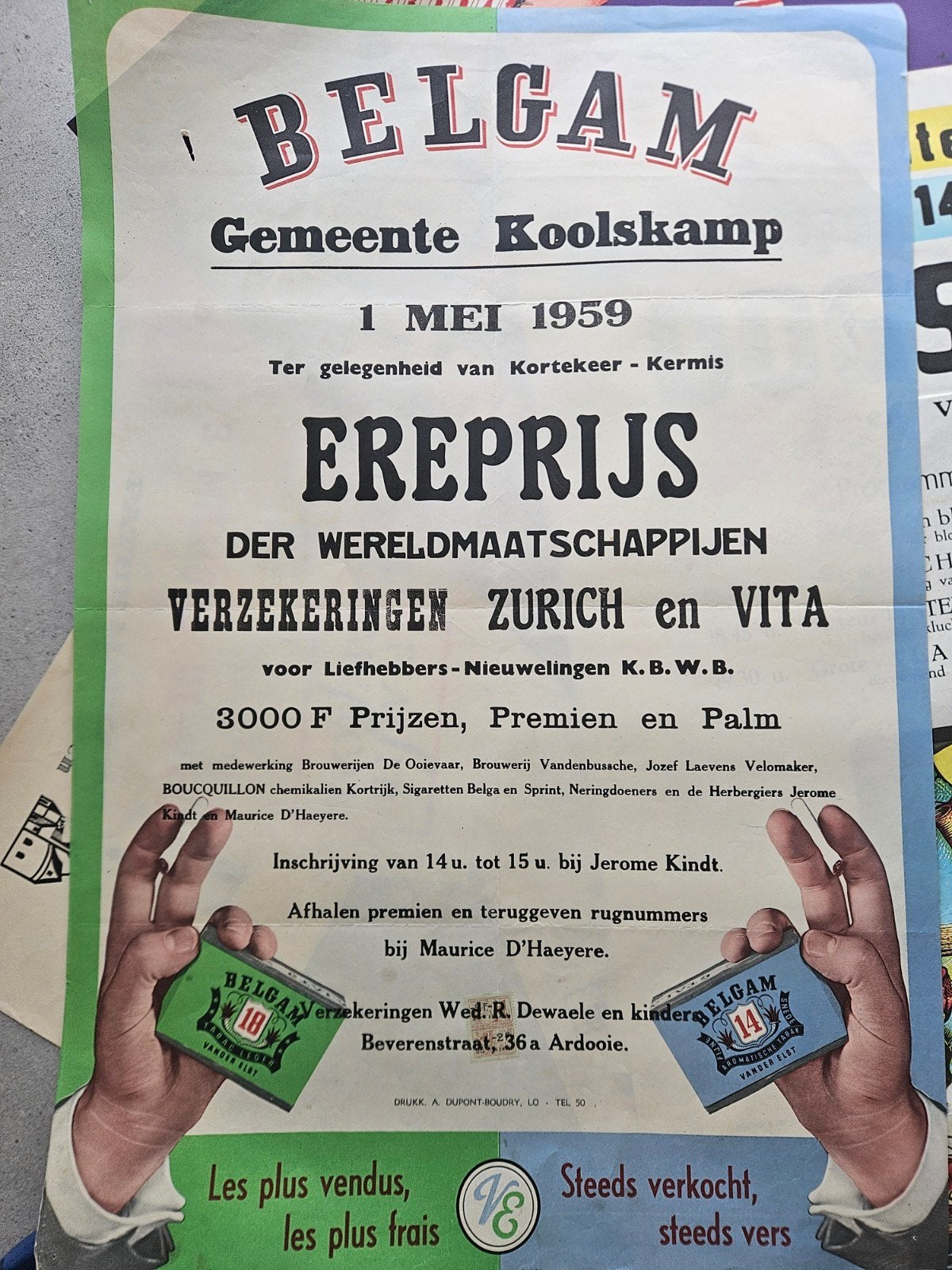 Affiche Koolskamp 1959 reclame Belgam sigaretten, Collections, Envoi