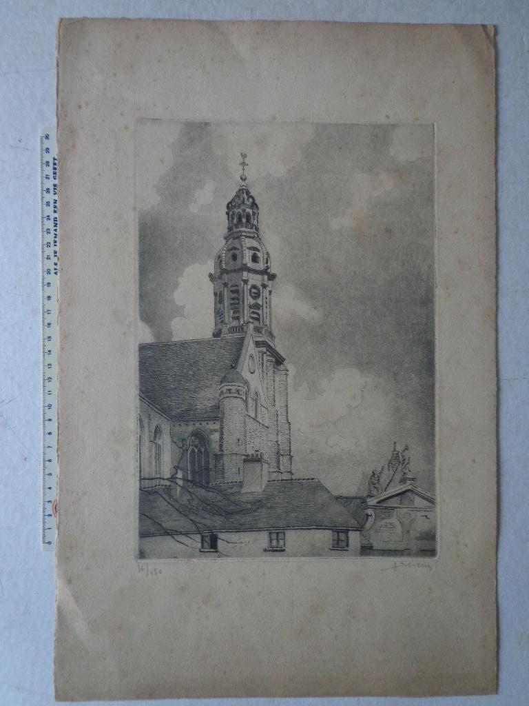 ets Juliaan of Julien Severin "Toren van Sint-Pauluskerk", Antiek en Kunst, Kunst | Etsen en Gravures, Religie, Ophalen of Verzenden