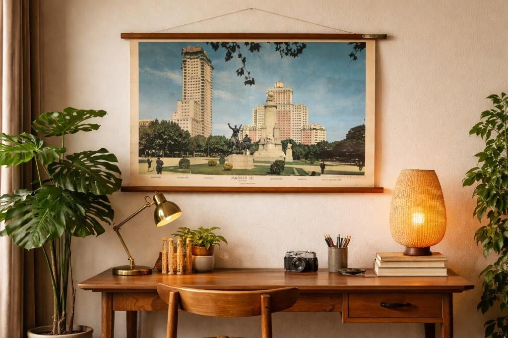 Vintage schoolkaart Madrid – grote retro wandkaart 105cm, Antiek en Kunst, Ophalen of Verzenden, Stad- en Dorpsgezichten