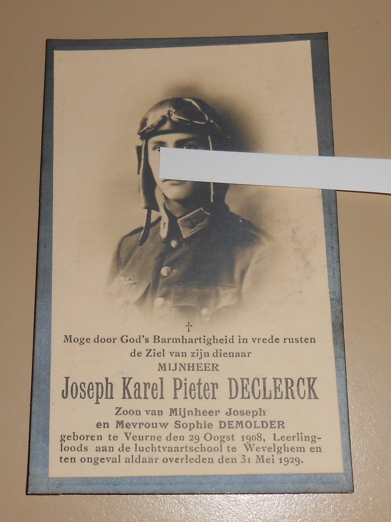 Bidprentje Belgische Leerling Piloot Joseph DECLERCK  1929, Verzamelen, Ophalen of Verzenden, Luchtmacht, Overige typen