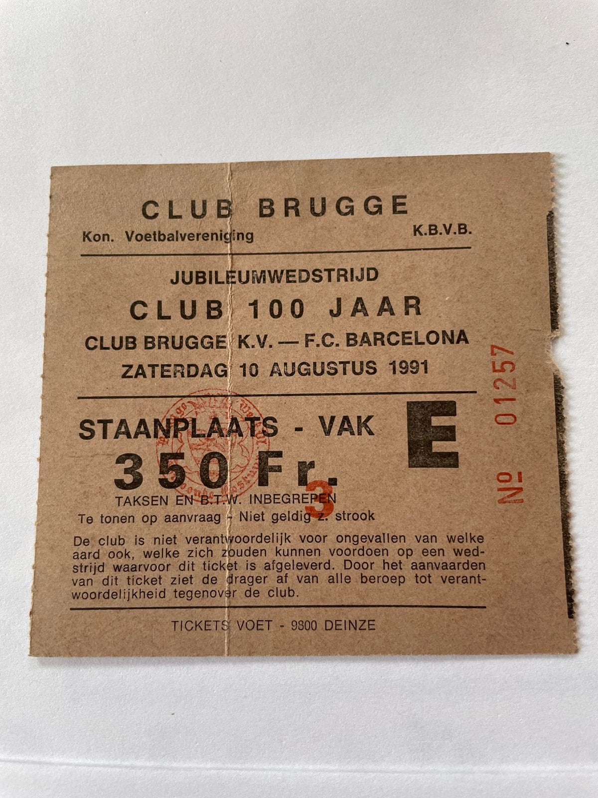 Ticket 100 Jaar Club Brugge - FC Barcelona  10/08/1991, Enlèvement ou Envoi, Comme neuf