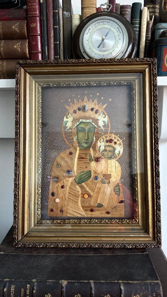 Vintage Icoon Maria & Kind - Stro-Marqueterie - Gouden Lijst, Ophalen of Verzenden