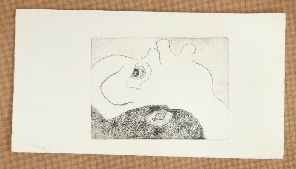 Abstracte ets gezicht met oog - vermoedelijk M. Schneider, Eau-forte, Signé, Enlèvement, 21 cm