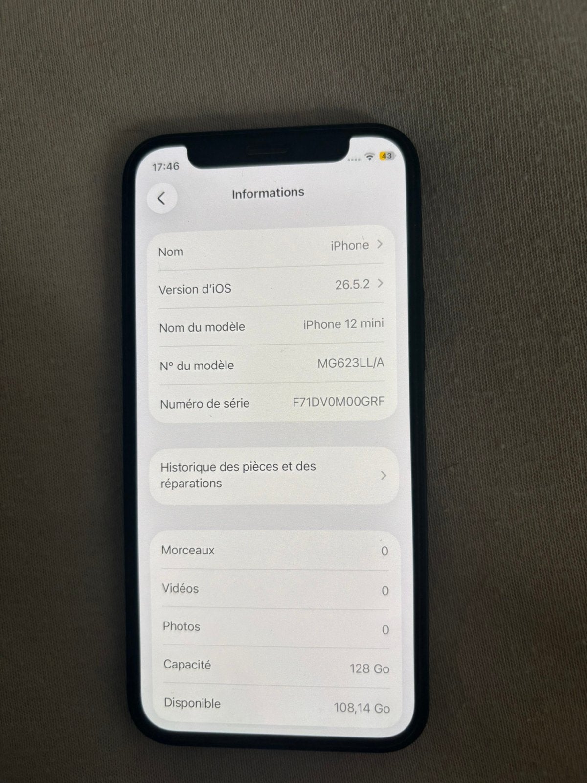 iPhone 12 mini 128 Go - Batterie 99 % | Châssis neuf, Enlèvement, Comme neuf, IPhone 12 Mini