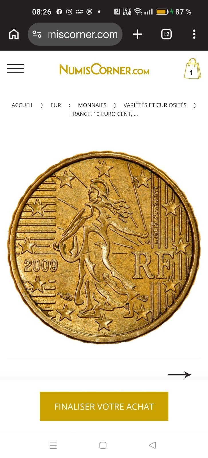 Une pièce de dix centimes française de 2009, dont l'effigie, Enlèvement ou Envoi