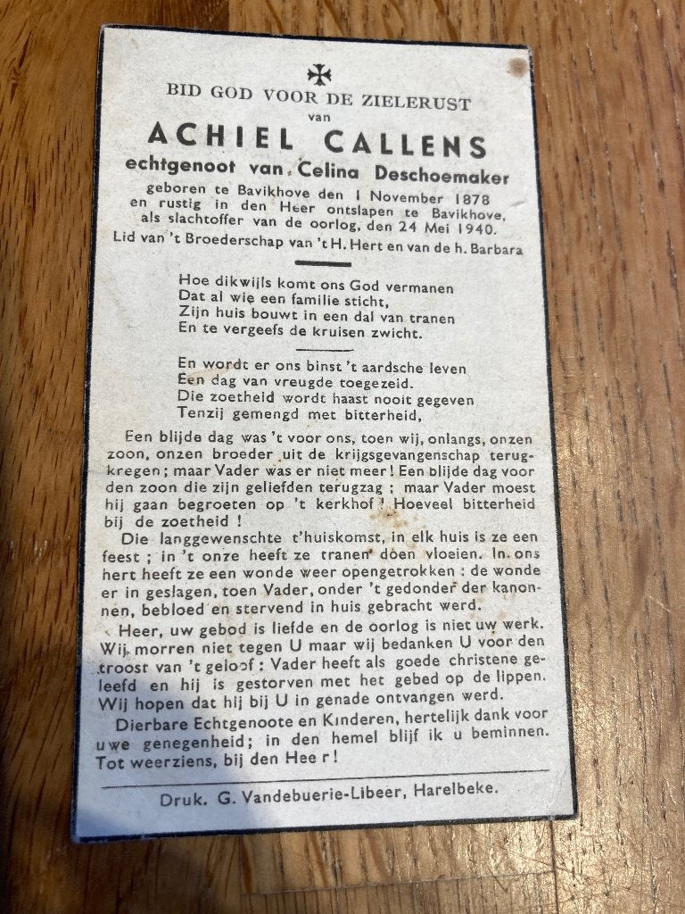 Oorlogsslachtoffer wo2, achiel callens, Deschoemaker, 1940, Collections, Envoi, Image pieuse