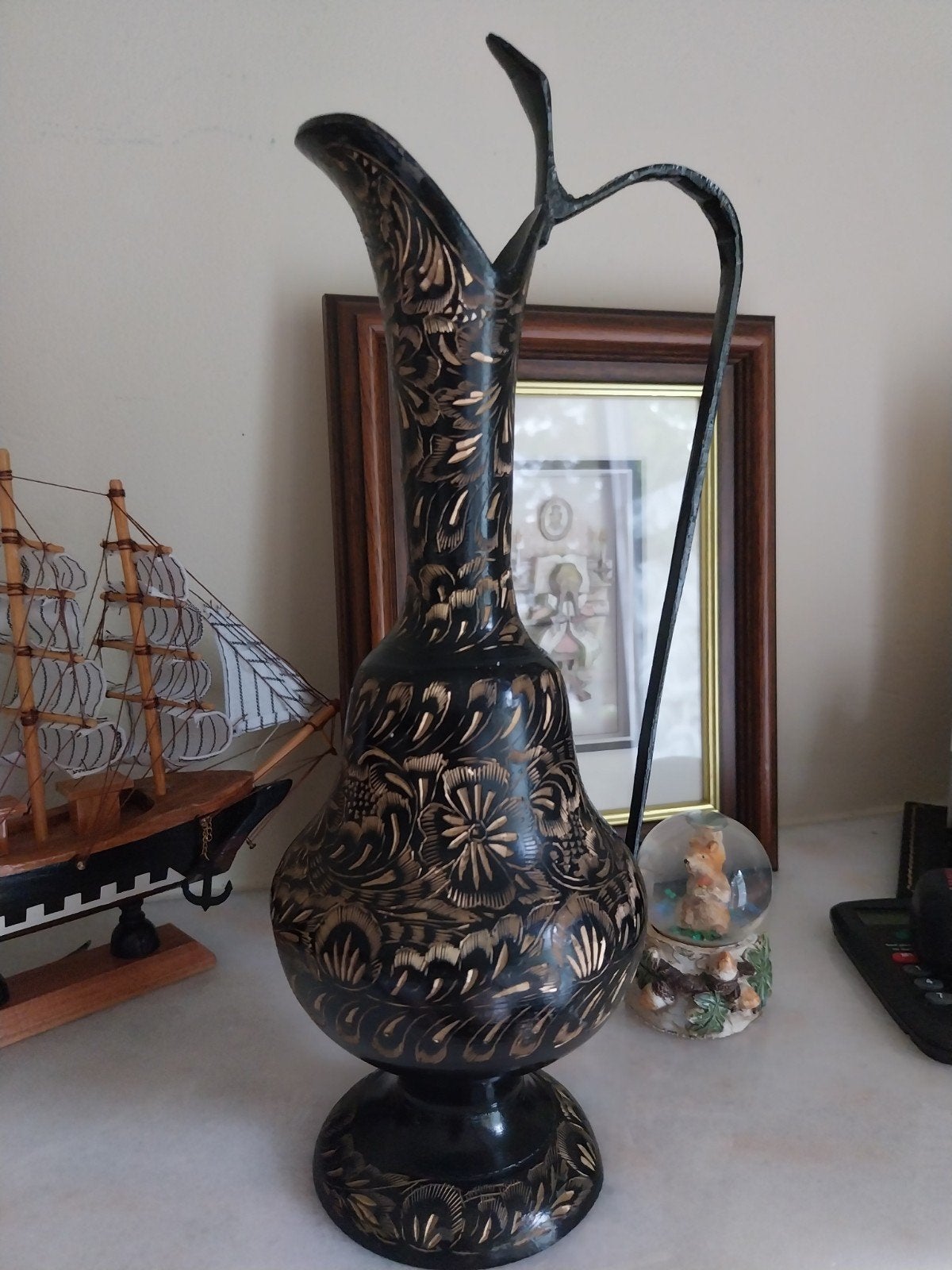 Prachtige Vintage Indiase Messing Karaf / Vaas – Zwart en Go, Ophalen