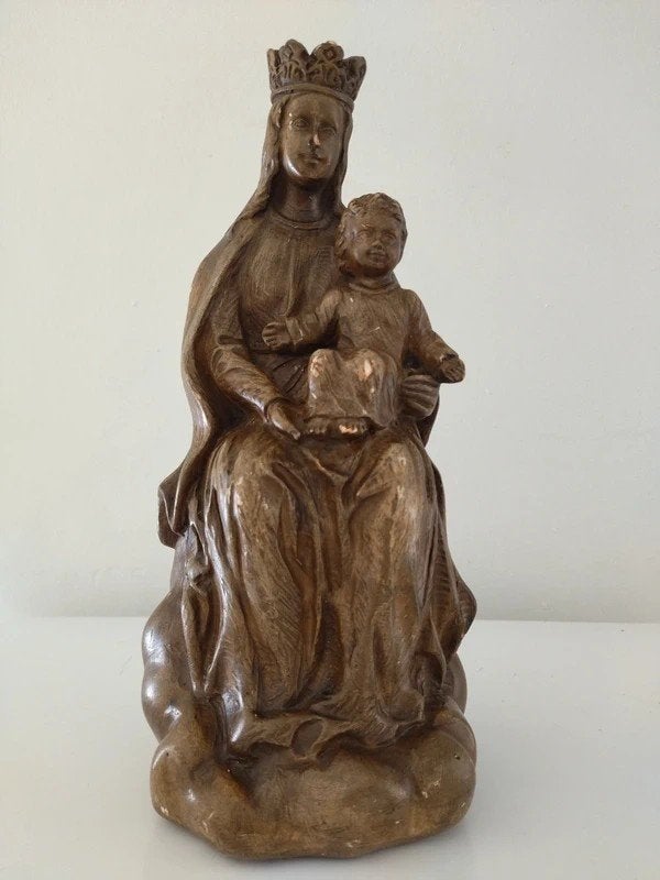 Ancienne Statue Vierge Marie à l'Enfant en Majesté - Art Chr, Antiquités & Art, Enlèvement ou Envoi, Statue