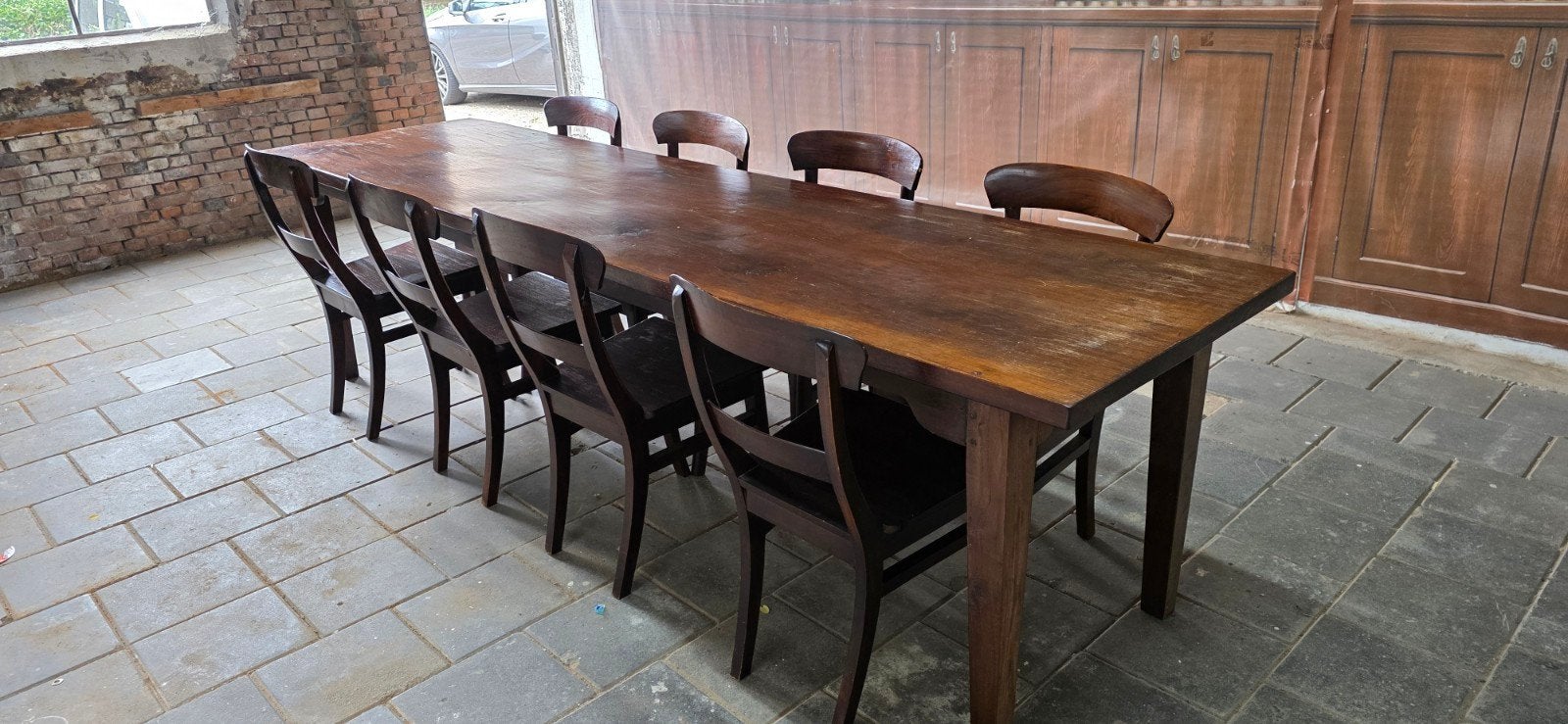 Authentieke smalle Franse boerentafel 300x75 cm+ 8 stoelen, Ophalen of Verzenden