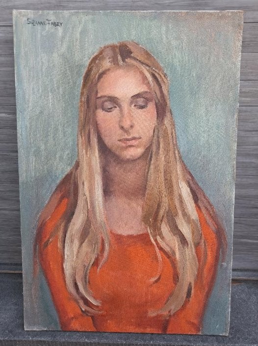 Huile sur toile jeune femme signe suzanne fabry, Enlèvement ou Envoi, Toile