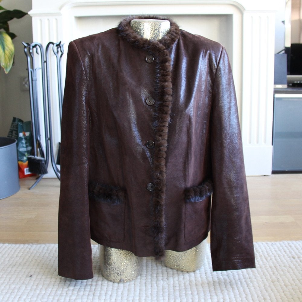 Leren Leather Sound Jas met Mink Bont Rand (L) € 145,-, Bruin, Verzenden, Maat 42/44 (L), Zo goed als nieuw