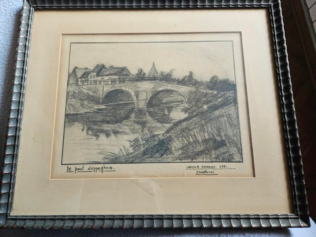 Fusain de Armand Lacour  : Le pont d'eppeghem, Antiquités & Art, Enlèvement