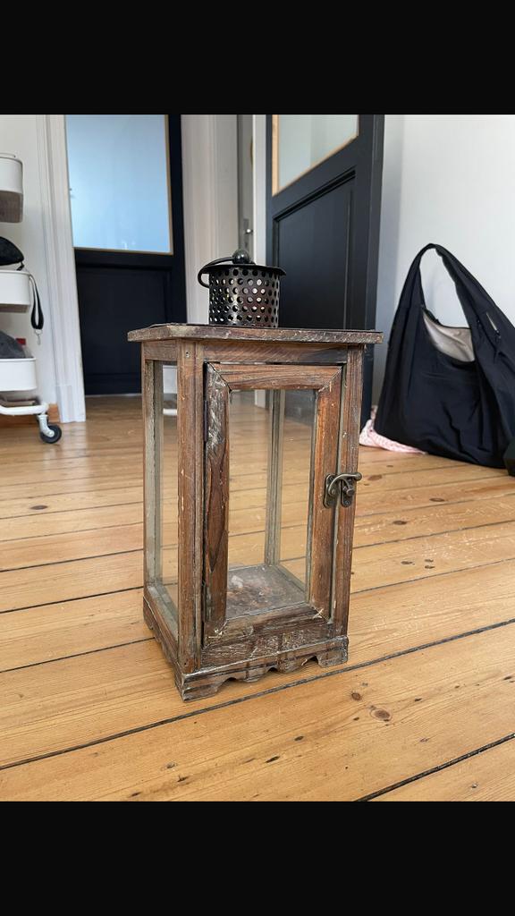 Lanterne bois verre et metal, env 30 cm, Enlèvement, Comme neuf, Bois