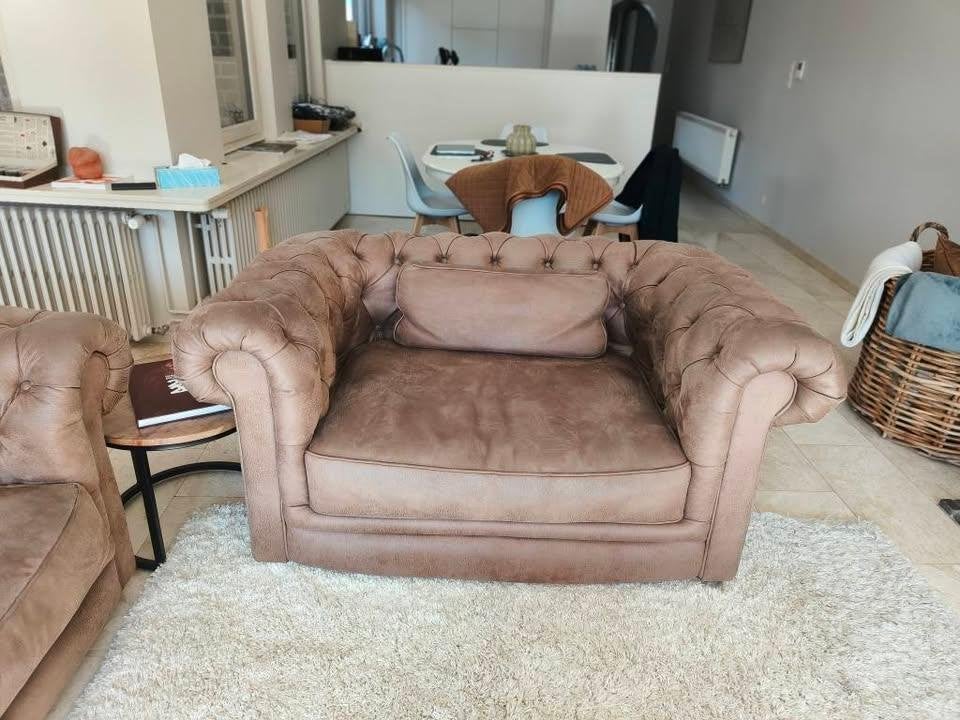 chesterfield driezit en love seat, Ophalen, Gebruikt, Driepersoons, Leer