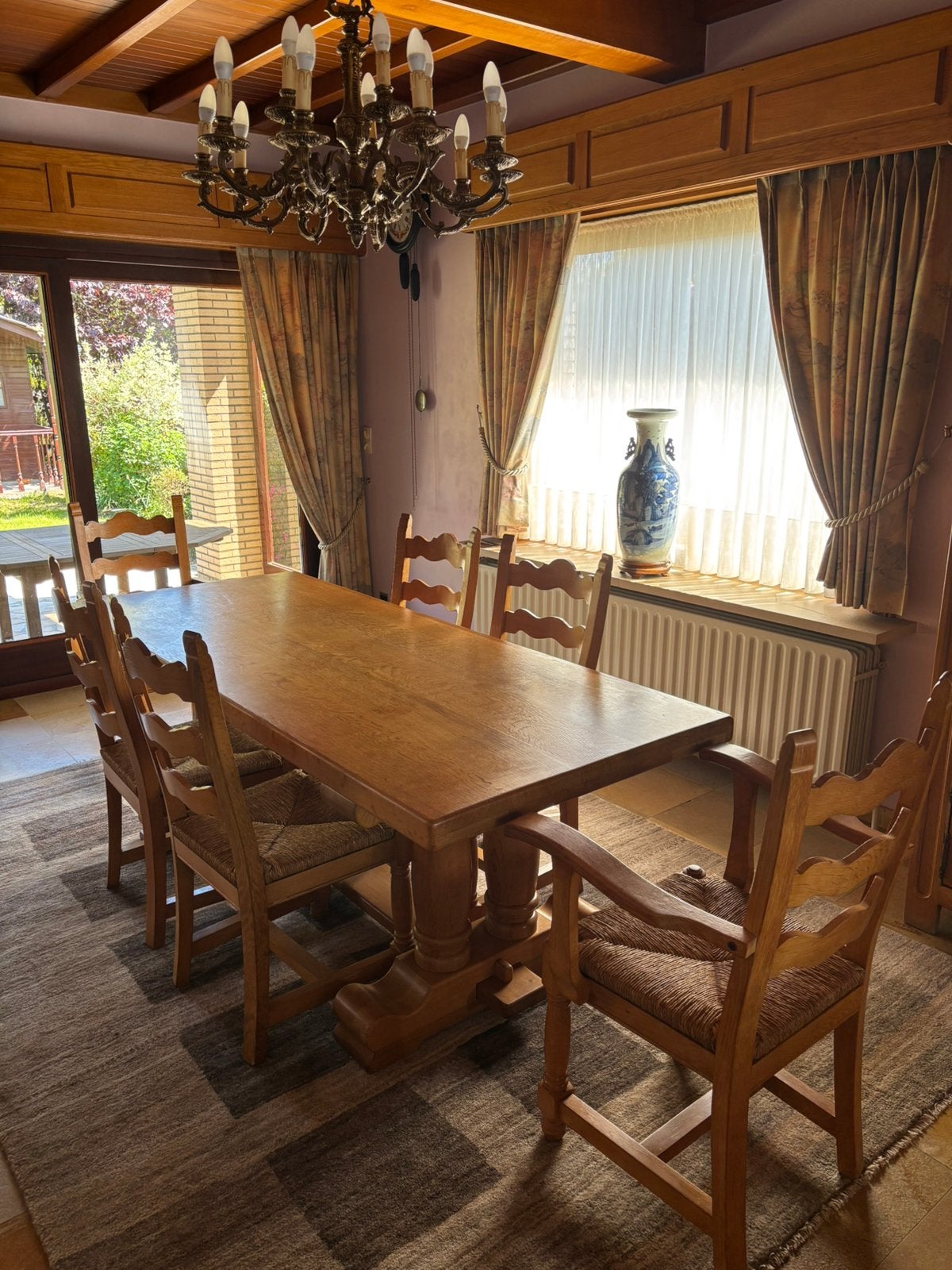 Voleiken eetkamertafel met 6 stoelen, Huis en Inrichting, Ophalen, 4 tot 6 stoelen