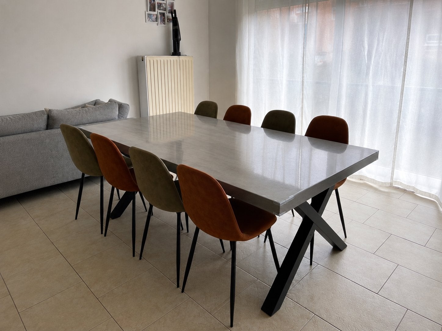 Tafel eikenhout metalen x/poot 230cm/100cm incl plastiek, Ophalen, Zo goed als nieuw, Rond, Eikenhout
