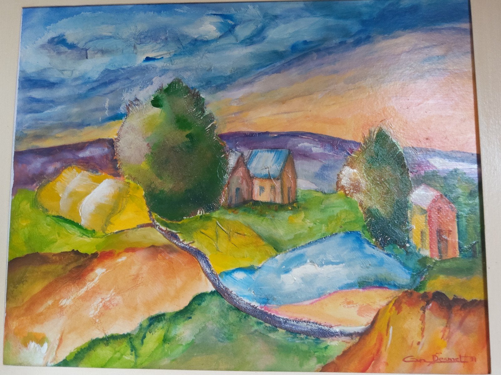 Origineel schilderij. Ingelijst 66 x 55 cm., Enlèvement ou Envoi, Encadré, Peinture acrylique, Paysage