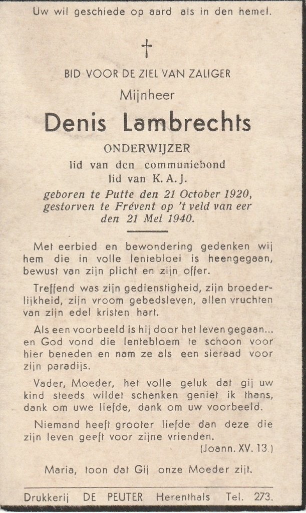Gesneuvelde 1940-45 Denis Lambrechts 21.05.1940, Collections, Images pieuses & Faire-part, Envoi