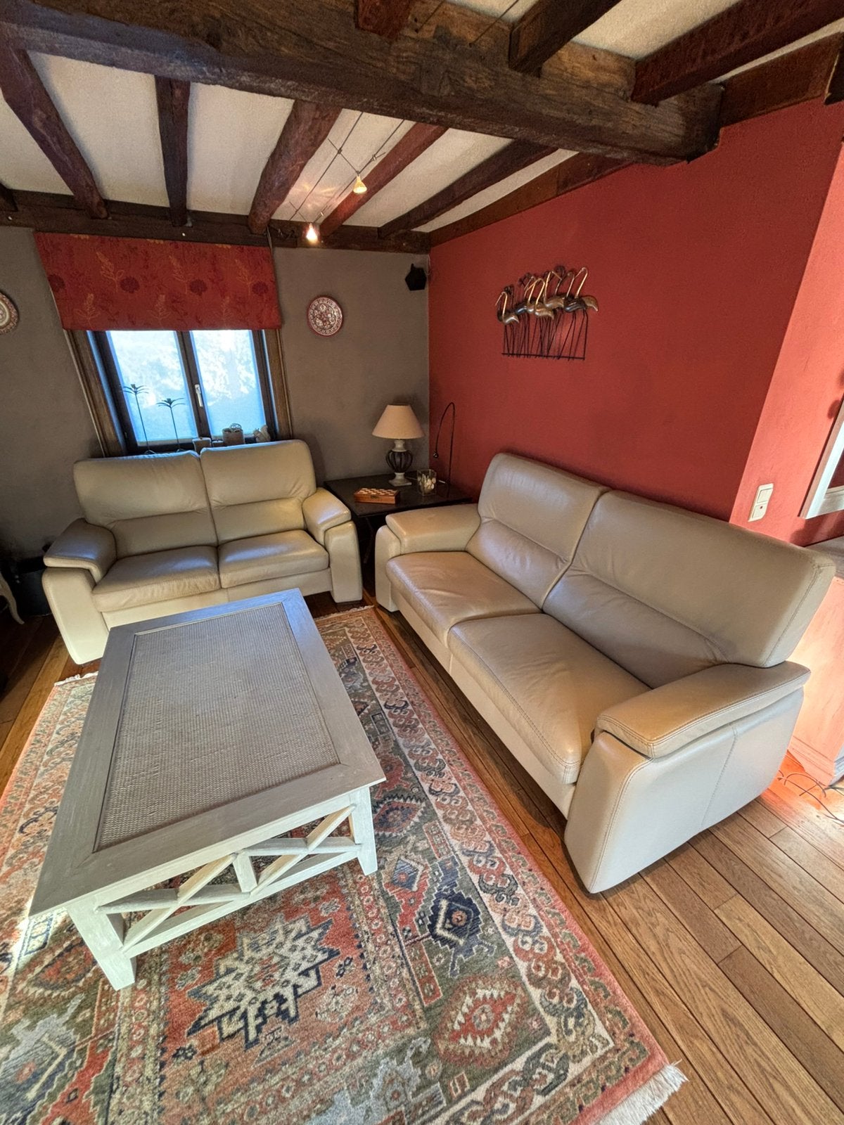 Lederen salon (beige), Huis en Inrichting, Ophalen, Gebruikt, Overige maten, Rechte bank