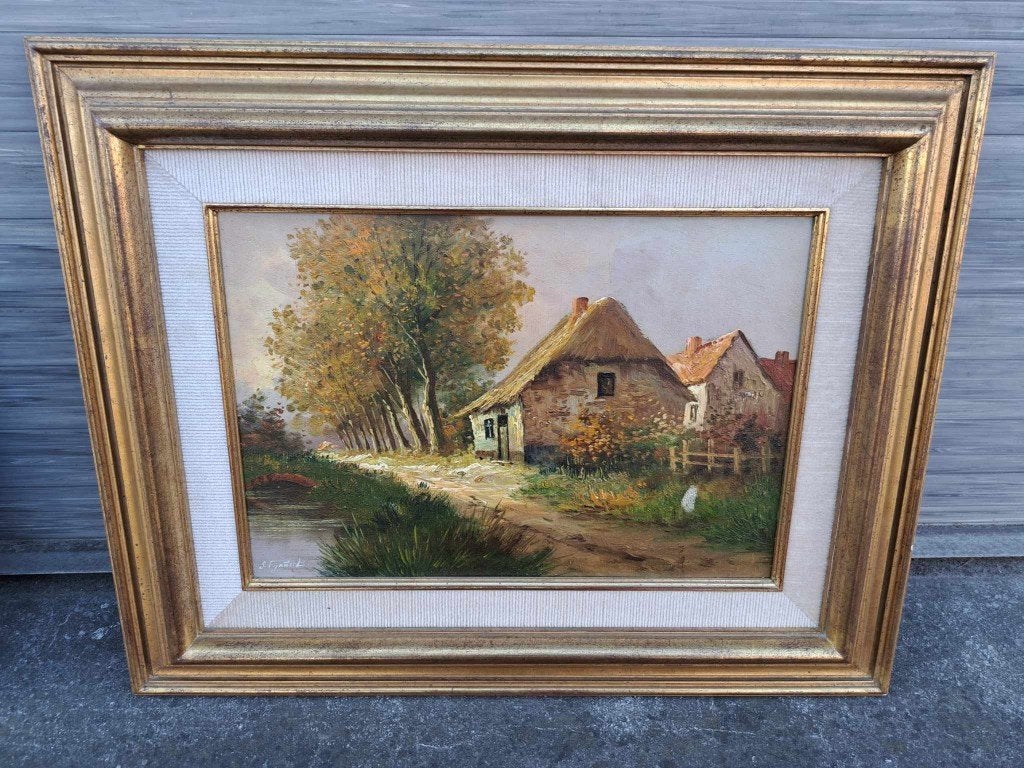 Huile sur panneau maison signe gustave pynaert, Antiquités & Art, Enlèvement ou Envoi, Panneau
