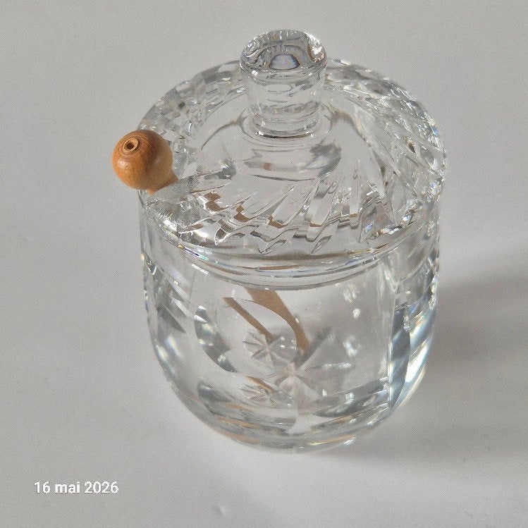 Moutardier en Cristal ou verre, complet avec sa cuillère, Antiquités & Art, Envoi