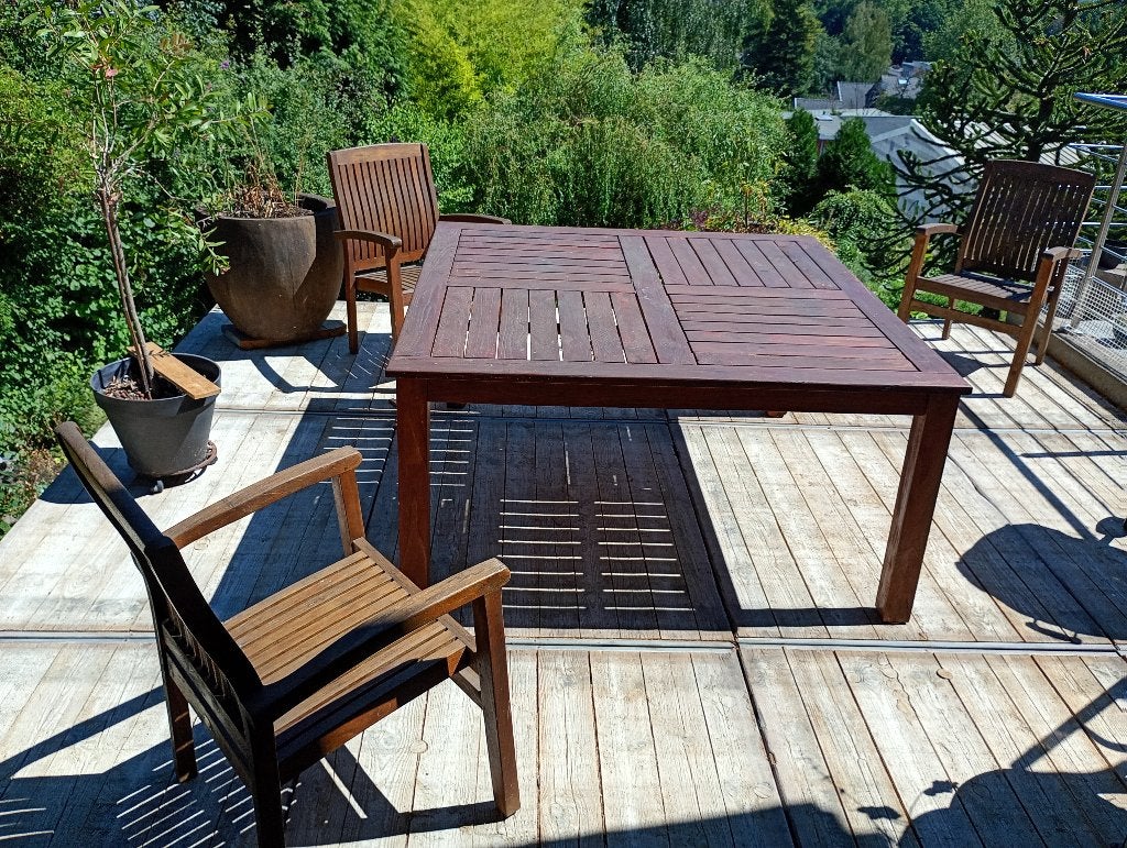 Table de terrasse et 6 chaises en Teck, Enlèvement, Utilisé, Carré, Bois