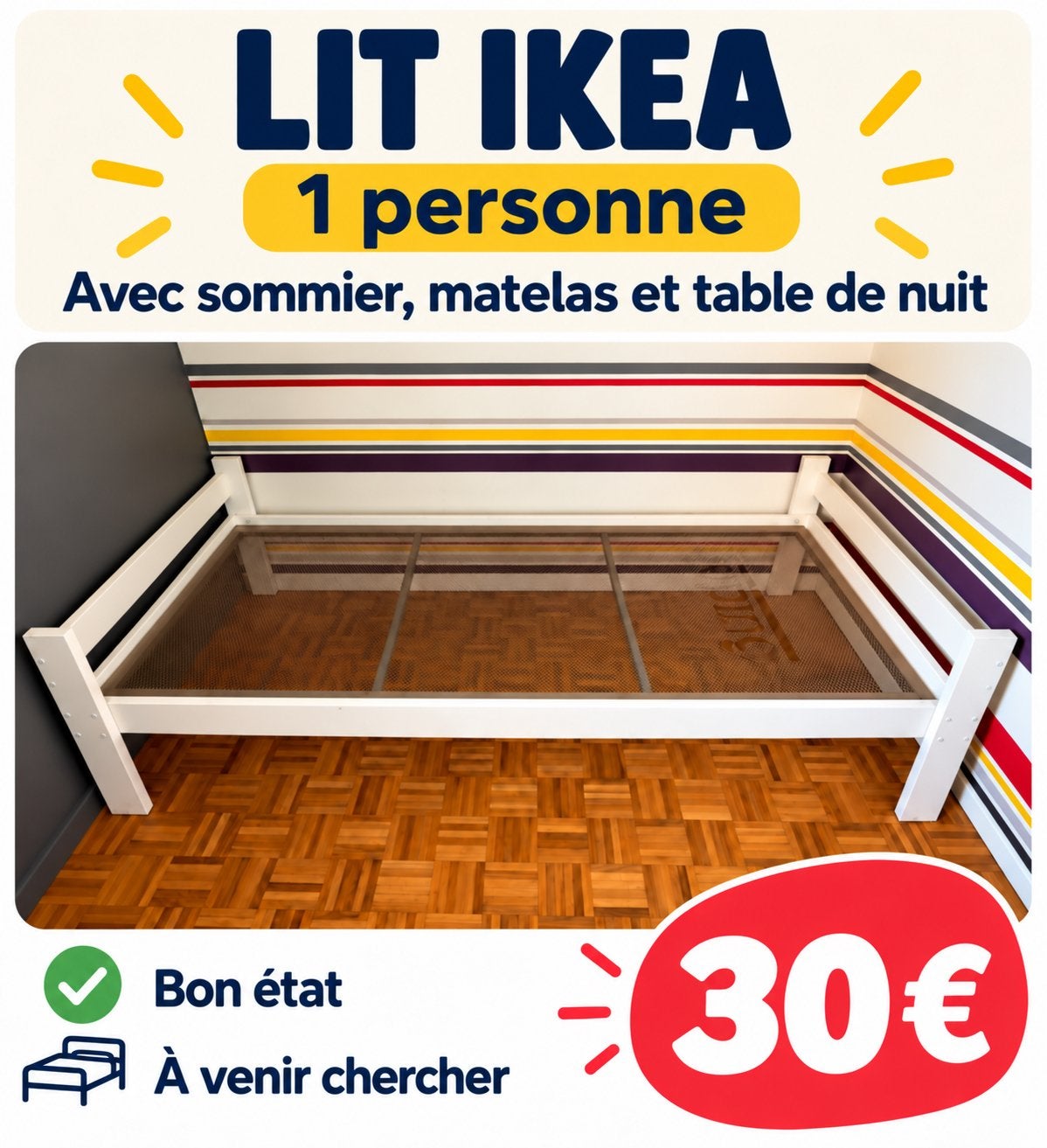 Lit IKEA 1 personne 90 x 200 avec sommier matelas table nuit, Maison & Meubles, Enlèvement, Utilisé